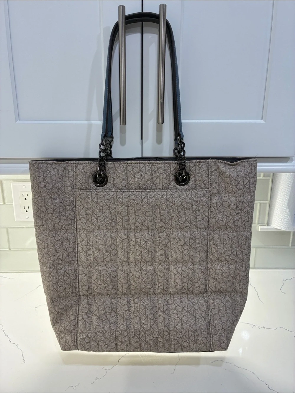 Calvin Klein Taupe Monogram Tote Bag with Chain-Detail Handles
